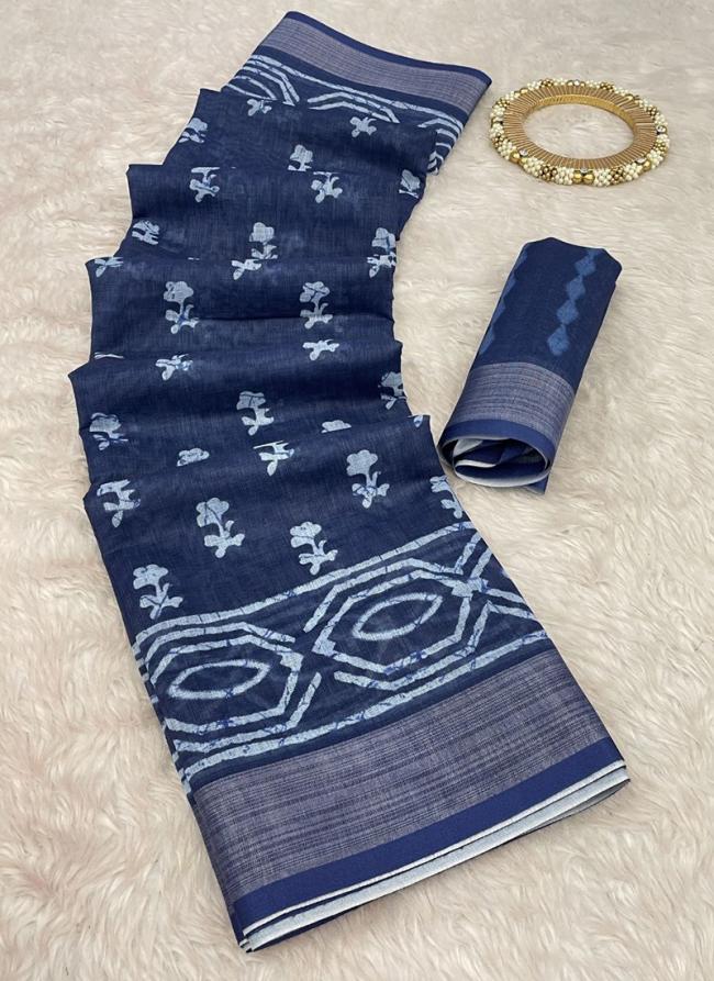 Linen Blue Casual Wear Digital Printed Saree